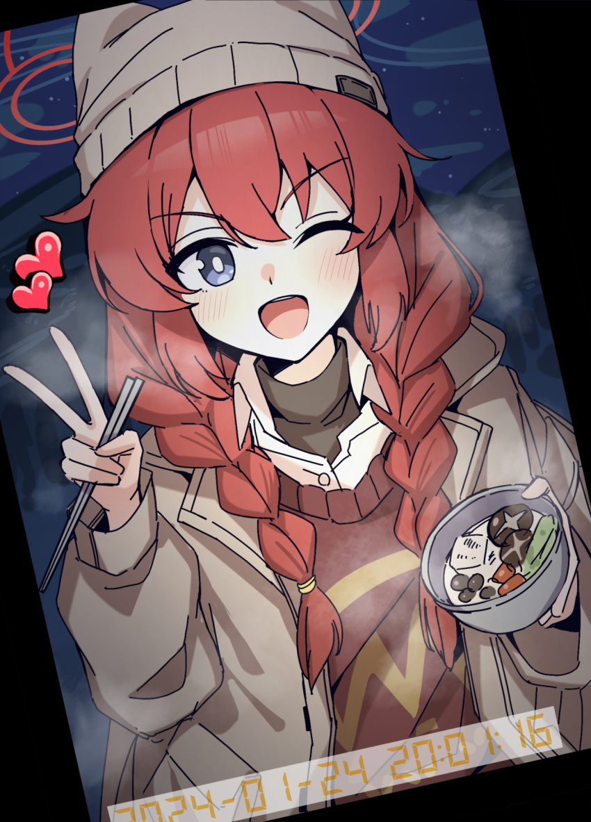 1girl blue_archive blush bowl braid bright_pupils brown_sweater chopsticks food grey_headwear grey_jacket halo hat heart highres holding holding_bowl holding_chopsticks jacket kurosteel_ds long_hair looking_at_viewer maki_(blue_archive) maki_(camp)_(blue_archive) one_eye_closed open_clothes open_jacket open_mouth red_halo redhead smile solo sweater twin_braids v white_pupils