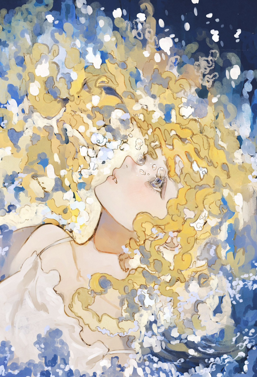 1girl bare_shoulders blonde_hair commentary_request coral crying crying_with_eyes_open dress expressionless grey_eyes highres looking_up orie_h original parted_lips sleeveless sleeveless_dress solo tears upper_body water white_dress