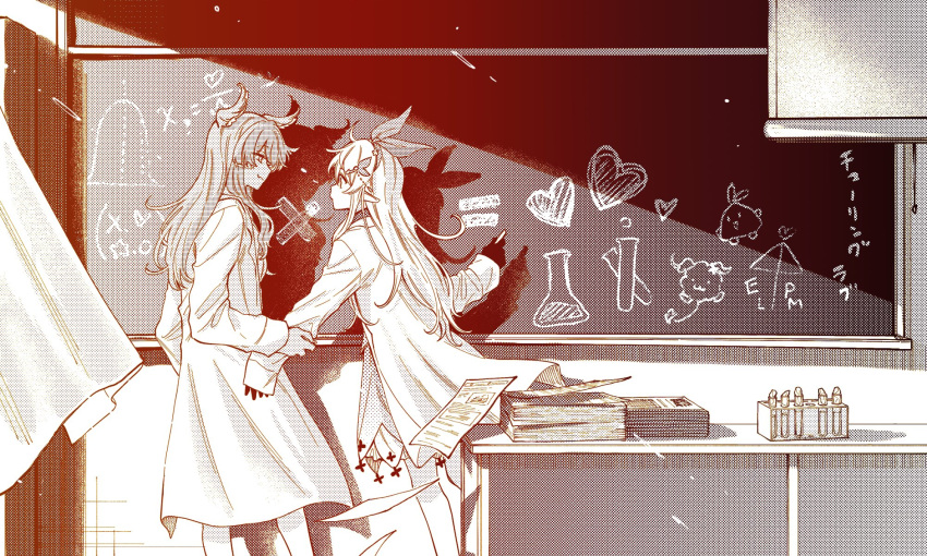 2girls bare_legs bow chalk chalkboard commentary_request curtains elira_pendora erlenmeyer_flask flask from_side gloves hair_bow hand_on_another's_arm head_wings highres holding holding_chalk imminent_kiss indoors kyouno lab_coat long_hair long_sleeves looking_at_another monochrome multiple_girls nijisanji nijisanji_en paper paper_stack pointy_ears pomu_rainpuff profile pulling shadow sidelocks single_glove smile test_tube turing_love virtual_youtuber wings yuri