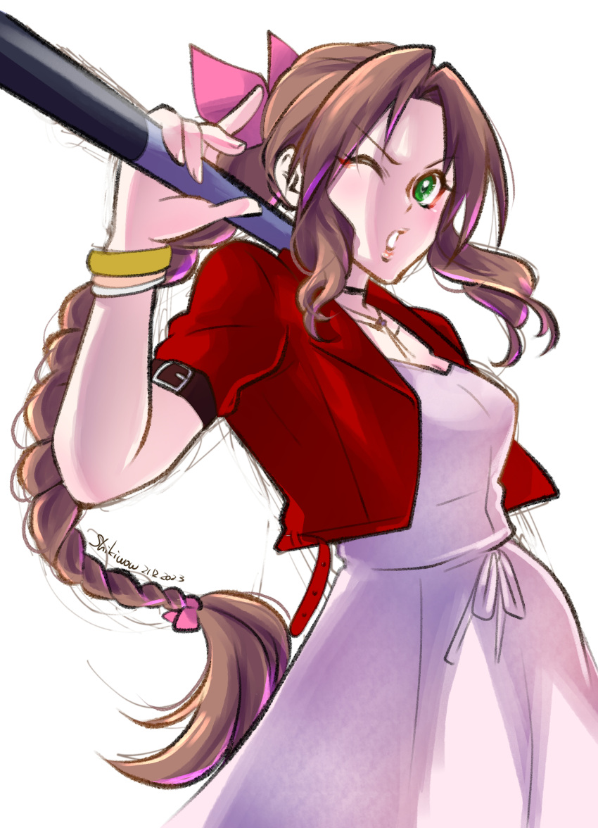 1girl absurdres aerith_gainsborough bangle bracelet braid braided_ponytail breasts brown_hair choker cropped_jacket dress final_fantasy final_fantasy_vii final_fantasy_vii_remake green_eyes hair_ribbon highres holding holding_staff jacket jewelry long_hair medium_breasts one_eye_closed over_shoulder parted_bangs parted_lips pink_dress pink_ribbon red_jacket ribbon ribbon_choker shikiwo short_sleeves sidelocks single_braid solo staff weapon weapon_over_shoulder white_background