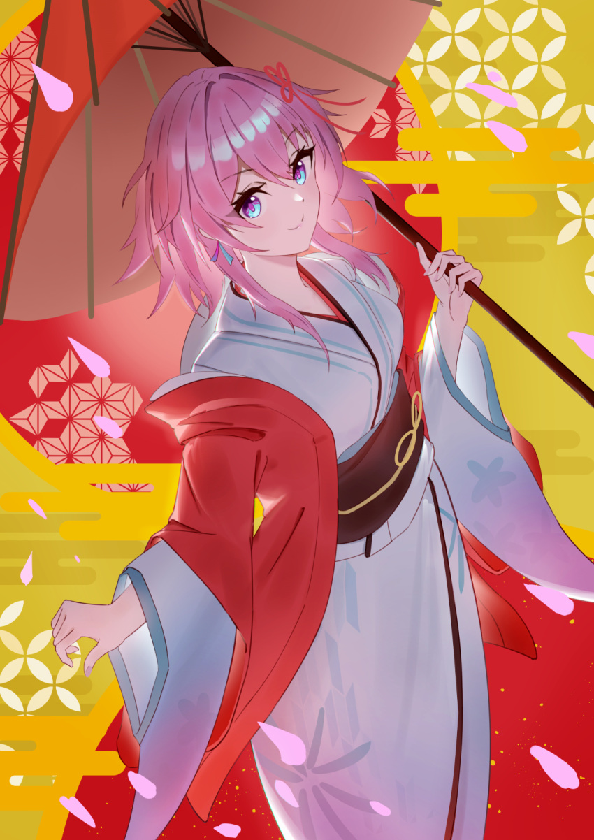 1girl alternate_costume blue_eyes breasts closed_mouth commentary_request earrings from_side hands_up highres honkai:_star_rail honkai_(series) japanese_clothes jewelry kimono march_7th_(honkai:_star_rail) medium_breasts medium_hair naeeeegi new_year pink_eyes pink_hair single_earring solo two-tone_eyes white_kimono