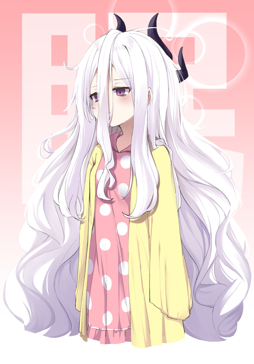 1girl absurdres ahoge bags_under_eyes blue_archive closed_mouth commentary_request demon_horns hair_between_eyes halo highres hina_(blue_archive) horns leglus long_hair long_sleeves multiple_horns pajamas pink_pajamas polka_dot polka_dot_pajamas solo very_long_hair violet_eyes white_hair