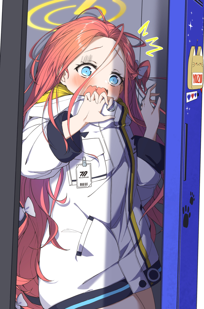1girl blue_archive blue_eyes blush bow coat commentary_request fang hair_bow halo hands_up highres leglus locker long_hair long_sleeves looking_at_viewer open_mouth orange_hair skin_fang solo standing white_bow white_coat yellow_halo yuzu_(blue_archive)