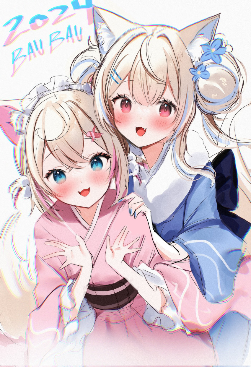 2girls animal_ear_fluff animal_ears blonde_hair blue_eyes blue_hair blue_kimono blue_nails blush commentary dog_ears dog_girl dog_tail double_bun fang fuwawa_abyssgard hair_bun hair_ornament hairpin hand_on_another's_shoulder highres hololive hololive_english japanese_clothes kimono long_hair looking_at_viewer maru_ccy medium_hair mococo_abyssgard multicolored_hair multiple_girls nail_polish open_mouth pink_eyes pink_hair pink_kimono siblings sisters skin_fang smile streaked_hair tail twins virtual_youtuber white_background x_hair_ornament