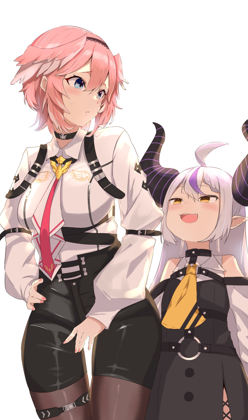 2girls :3 :d absurdres ahoge ascot black_shorts blue_eyes blush brown_eyes brown_pantyhose commentary_request grey_hair hand_on_own_hip head_wings height_difference highres hololive horns huge_horns la+_darknesss la+_darknesss_(1st_costume) long_sleeves looking_at_another multicolored_hair multiple_girls pantyhose pantyhose_under_shorts pink_hair purple_hair short_hair shorts simple_background smile solo streaked_hair striped_horns takane_lui takane_lui_(1st_costume) taruto_(taruto0918) virtual_youtuber white_background wings