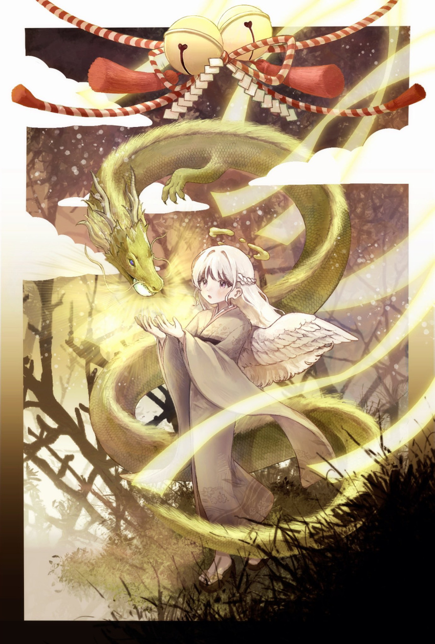 1girl angel angel_wings barefoot bell blush braid chinese_zodiac clouds commentary_request dragon eastern_dragon feathered_wings french_braid full_body grey_kimono halo highres japanese_clothes kimono long_hair obi open_mouth original rope sash shide shimenawa tassel tetora_u_u white_hair white_wings wings year_of_the_dragon