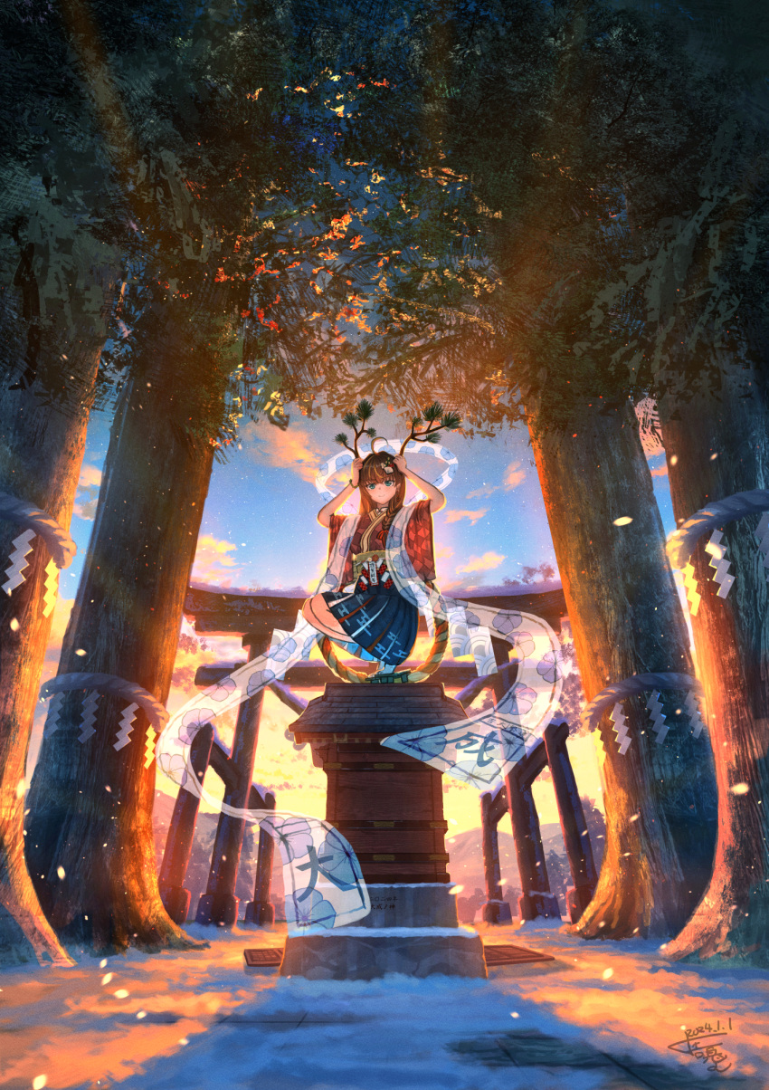 1girl ahoge blue_eyes blue_sky branch brown_hair clouds highres holding holding_branch japanese_clothes morning original outdoors scenery shrine shuu_illust sky solo squatting torii tree