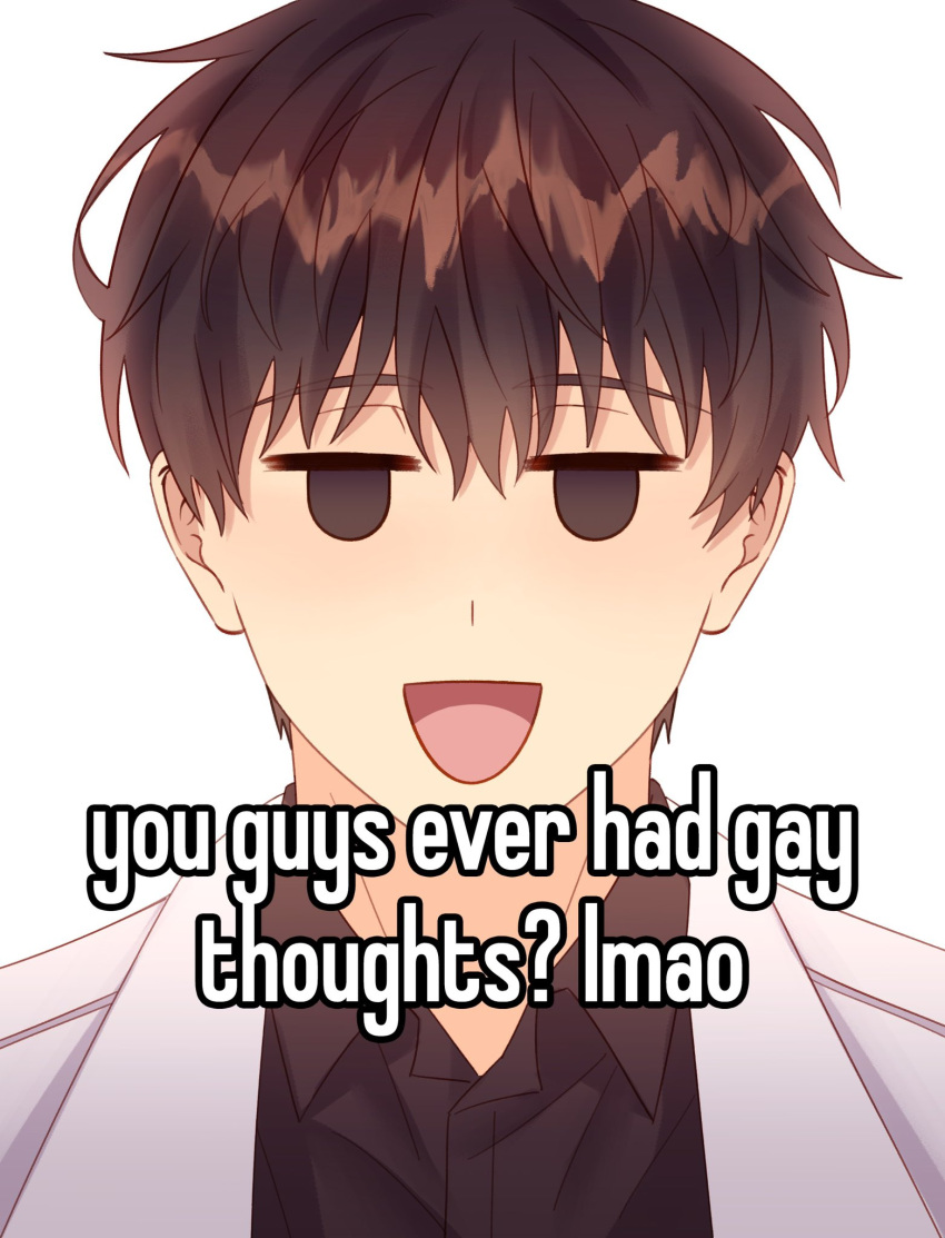 1boy black_shirt brown_hair collared_shirt comedy commentary english_text highres kim_dokja looking_at_viewer male_focus meme omniscient_reader's_viewpoint open_mouth shirt short_hair simple_background smile solo symbol-only_commentary taozi_tea white_background