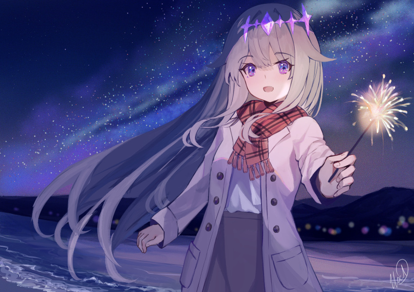 1girl absurdres beach coat fireworks grey_hair hair_flaps highres holding_fireworks hololive hololive_english jewel_under_eye koseki_bijou long_hair looking_at_viewer night night_sky open_mouth red_scarf sand scarf senkou_hanabi shirt sky smile solo sparkler star_(sky) starry_sky uoca violet_eyes virtual_youtuber water white_coat white_shirt