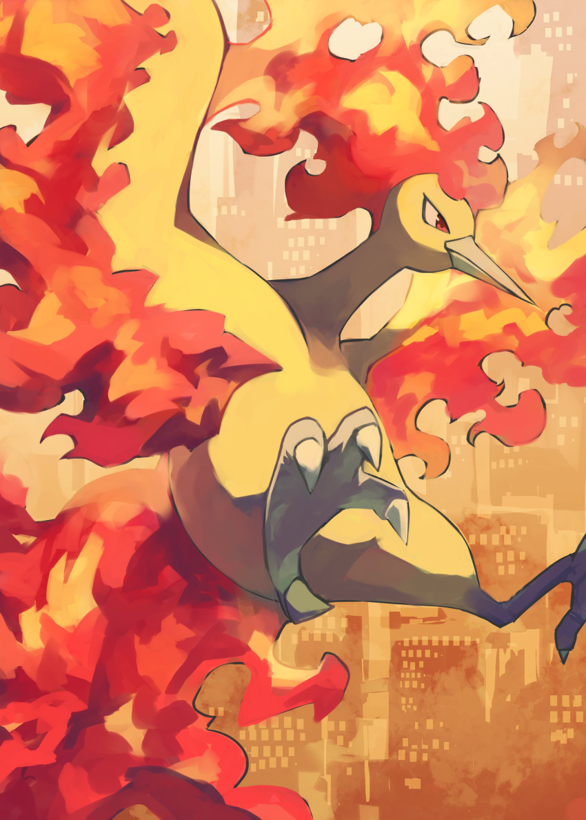 absurdres animal_focus beak bird cityscape commentary_request fire floating gara_(qbeuxvii22) highres moltres no_humans pokemon red_eyes talons wings