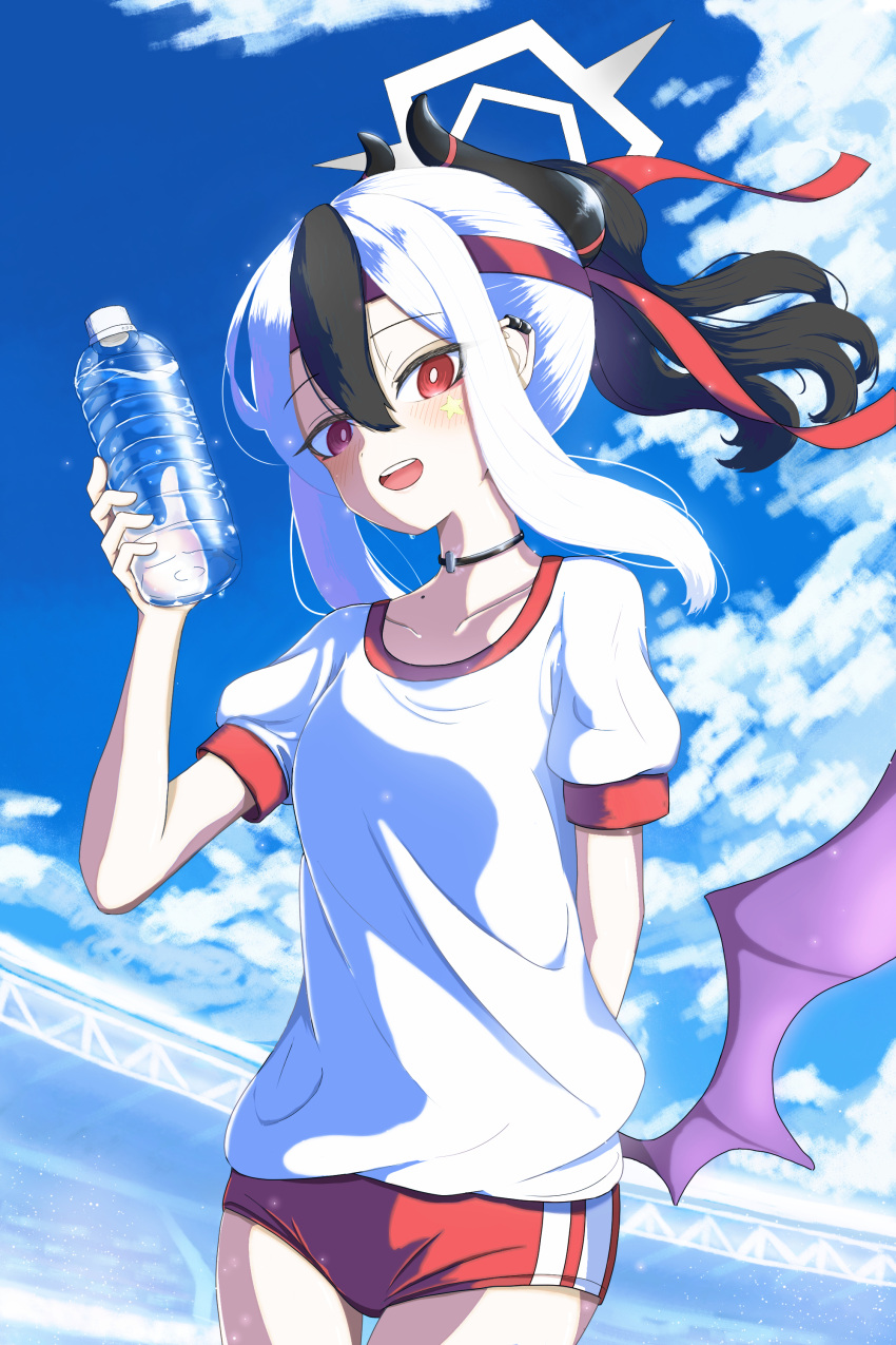 1girl absurdres alternate_costume arm_behind_back black_choker black_hair black_horns blue_archive blue_sky blush bottle breasts bright_pupils buruma choker clouds cloudy_sky commentary_request cowboy_shot gym_uniform halo highres holding holding_bottle horns hotta_karasi kayoko_(blue_archive) long_hair looking_at_viewer looking_down mole mole_on_collarbone multicolored_hair open_mouth outdoors ponytail purple_wings red_buruma red_eyes shirt short_sleeves sidelocks single_wing sky small_breasts smile solo standing star_sticker sticker_on_face teeth two-tone_hair upper_teeth_only water_bottle white_hair white_halo white_pupils white_shirt wings