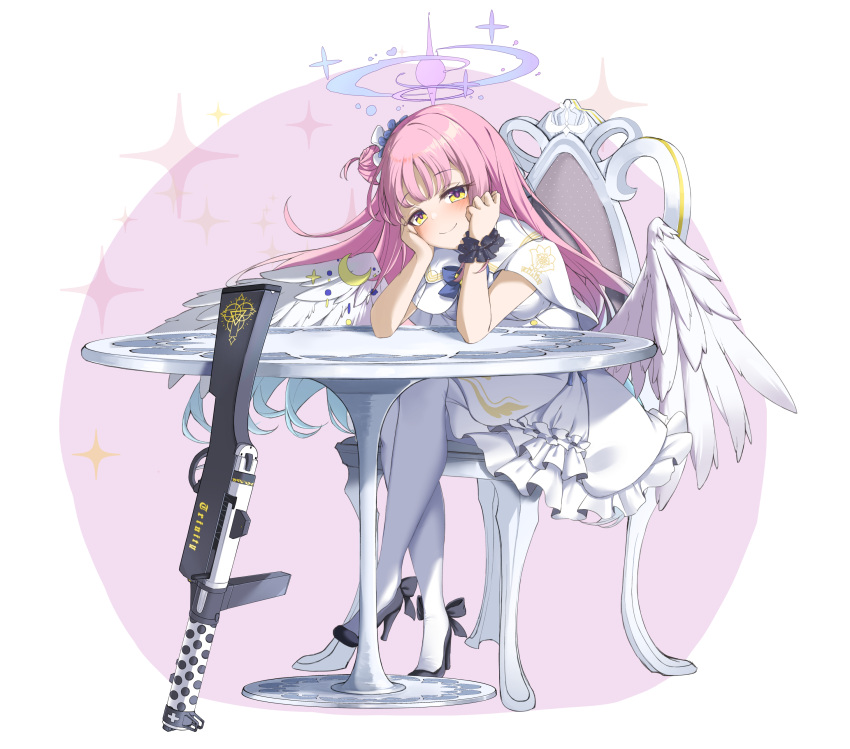 1girl absurdres black_footwear blue_archive blush capelet closed_mouth commentary_request dress feathered_wings full_body gun hair_bun halo hands_up head_rest high_heels highres leglus long_hair looking_at_viewer low_wings mika_(blue_archive) on_chair pantyhose pink_hair pink_halo rifle scrunchie single_side_bun sitting smile solo sparkle table weapon white_capelet white_dress white_pantyhose white_wings wings wrist_scrunchie yellow_eyes