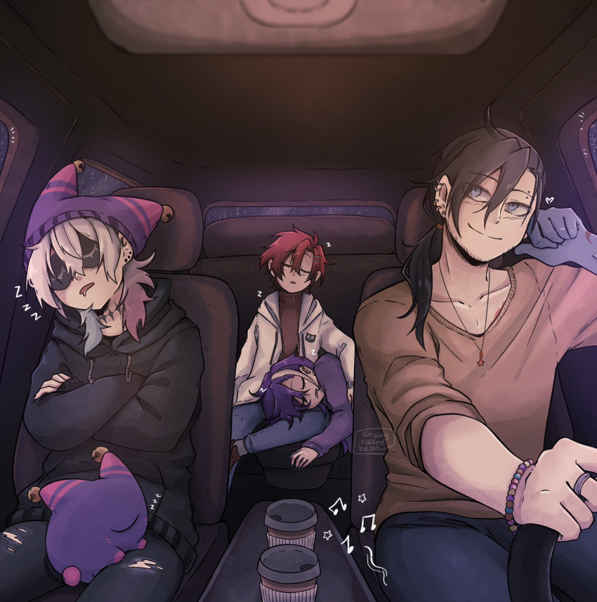 4boys banzoin_hakka black_choker black_hair black_hoodie blue_eyes blue_hair car_interior choker closed_eyes coffee_cup colored_skin creature crossed_arms cup disposable_cup driving ear_piercing earrings english_commentary facing_viewer gavis_bettel gothic grey_hair hair_between_eyes hat heart highres holostars holostars_english hood hoodie jester_cap jewelry josuiji_shinri long_hair looking_to_the_side lying_on_lap machina_x_flayon male_focus multicolored_hair multiple_boys multiple_earrings music necklace pants phantom_(gavis_bettel) piercing pink_hair purple_hair rain rainycoffeebean redhead saliva short_hair side_ponytail sitting sleep_mask sleeping sleeping_upright smile torn_clothes torn_pants twitter_username virtual_youtuber white_hair zzz