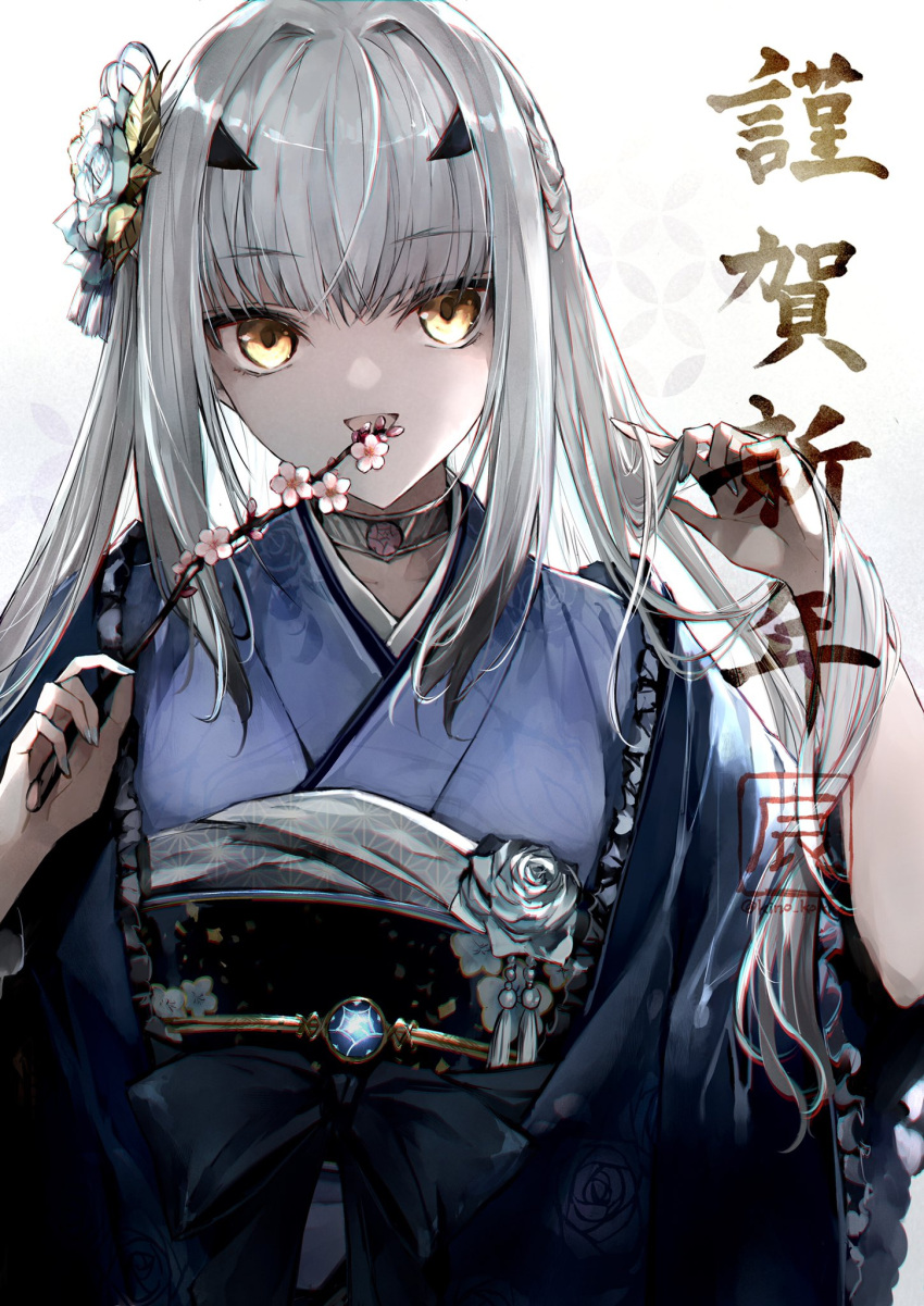 1girl blue_kimono breasts fate/grand_order fate_(series) forked_eyebrows hair_ornament highres japanese_clothes kimono kino_kokko long_hair long_sleeves looking_at_viewer melusine_(fate) obi open_mouth sash sidelocks small_breasts smile solo translation_request white_hair wide_sleeves yellow_eyes