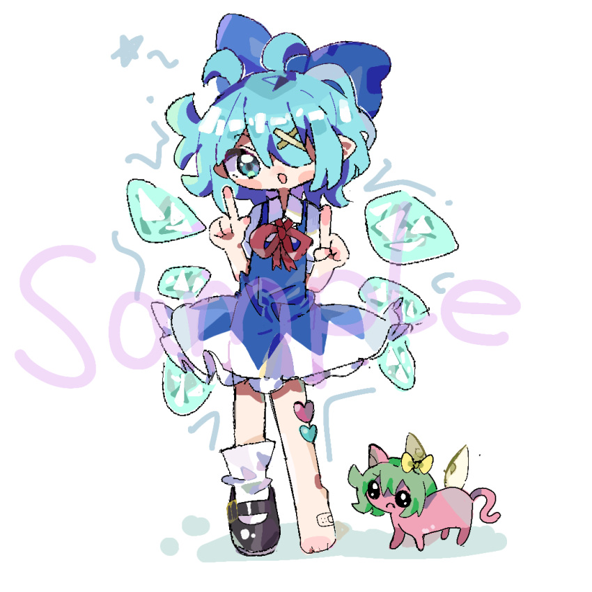 1girl ahoge alternate_costume barefoot blue_bow blue_eyes blue_hair blush bobby_socks bow cat cirno closed_mouth collared_shirt daiyousei dress full_body hair_bow hair_ornament ice_crystal internet_yamero kuzucirno looking_at_viewer mary_janes neck_ribbon needy_girl_overdose pinafore_dress puffy_short_sleeves puffy_sleeves red_ribbon ribbon self-upload shirt shoes short_hair short_sleeves simple_background single_shoe sleeveless sleeveless_dress socks solo touhou white_background