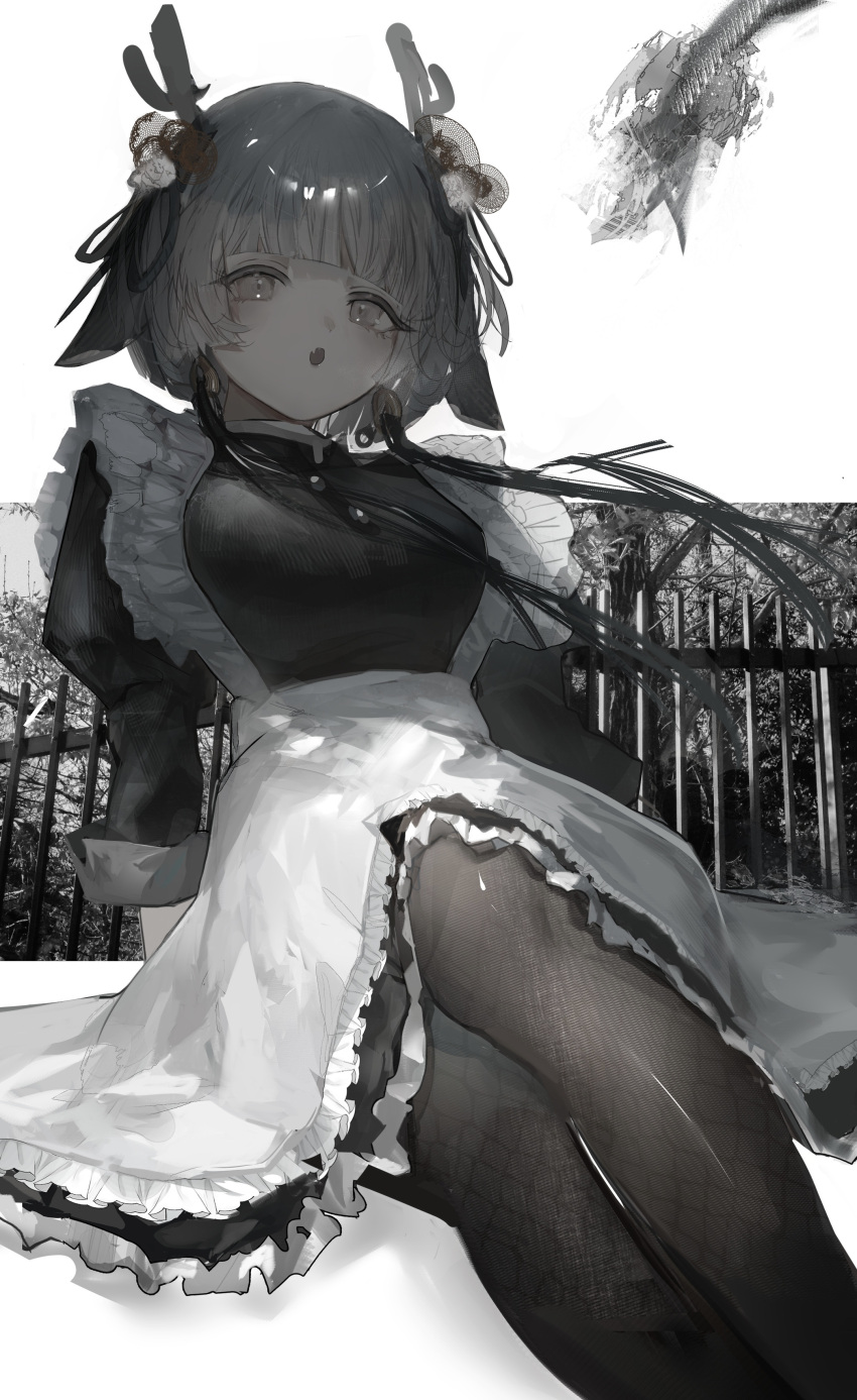 1girl :o absurdres animal_ears antlers apron black_dress blunt_bangs commentary_request dress fang feet_out_of_frame fence frilled_skirt frills grey_eyes grey_hair grey_pantyhose highres juliet_sleeves long_sleeves looking_at_viewer maid maid_apron misumigumi open_mouth original pantyhose photo_background puffy_sleeves short_hair sitting skin_fang skirt sleeve_rolled_up solo