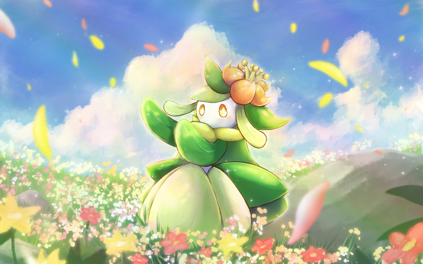 absurdres blurry bright_pupils clouds commentary_request day falling_petals field flower flower_field giovanni_(giogiofx0083) hand_up highres lilligant looking_at_viewer no_humans outdoors petals pokemon pokemon_(creature) rock sky solo white_pupils yellow_eyes