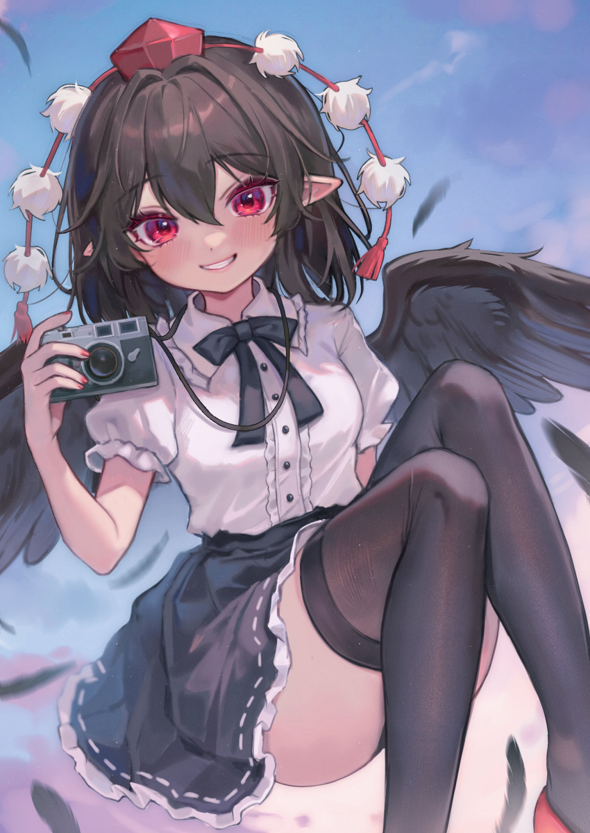 1girl absurdres black_bow black_hair black_skirt black_thighhighs blue_bow blue_bowtie blue_sky blush bow bowtie breasts buttons camera clouds cloudy_sky collared_shirt commentary_request evening feathered_wings feathers fingernails flying frills geta gradient_sky hair_between_eyes hand_up hat highres holding holding_camera lips looking_at_viewer medium_breasts nail_polish outdoors pointy_ears pom_pom_(clothes) puffy_short_sleeves puffy_sleeves qiu_ju red_eyes red_footwear red_headwear red_nails shameimaru_aya shirt shoes short_hair short_sleeves skirt sky smile solo tassel teeth tengu-geta thigh-highs tokin_hat touhou white_shirt wings yellow_sky