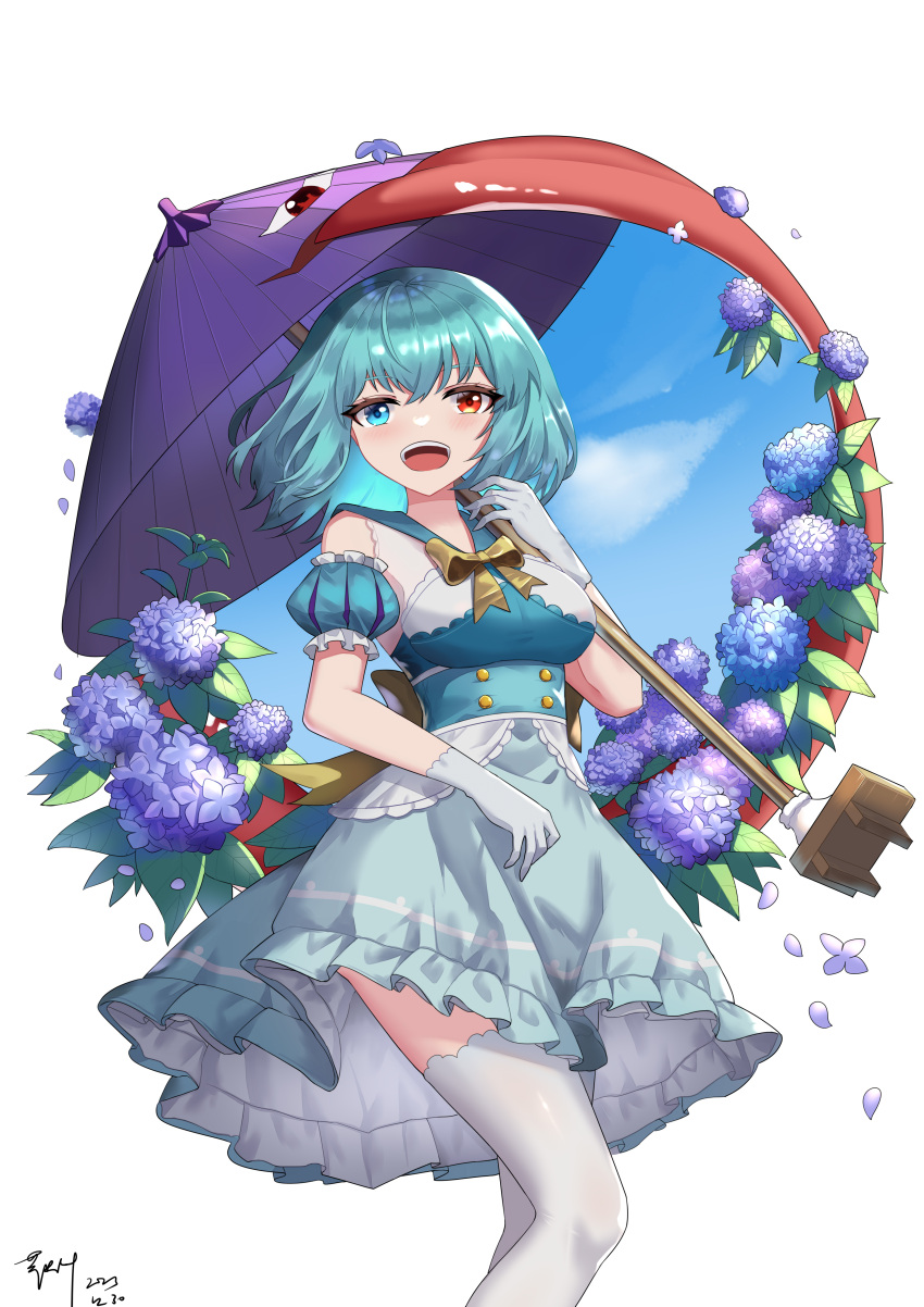 1girl absurdres adapted_costume blue_eyes blue_hair blue_sky breasts commentary dated flower heterochromia highres holding holding_umbrella hydrangea karakasa_obake looking_at_viewer open_mouth purple_umbrella qinyuzhen red_eyes signature sky solo tatara_kogasa teeth thigh-highs tongue touhou umbrella upper_teeth_only white_thighhighs