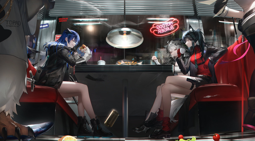 1boy 4girls absurdres animal_ears arknights black_coat black_hair black_jacket blue_eyes blue_hair booth_seating boots burger coat crossed_legs cup diner disposable_cup eating elbows_on_table exusiai_(arknights) fast_food fek_zin food french_fries from_below from_side gloves grey_eyes grey_hair hanging_light highres holding holding_cup holding_food horns jacket lappland_(arknights) mostima_(arknights) multiple_girls necktie red_gloves red_shirt restaurant shirt sign sitting sleeves_past_wrists sword sword_behind_back table texas_(arknights) texas_(willpower)_(arknights) the_emperor_(arknights) tile_floor tiles watch weapon window window_blinds wrapper