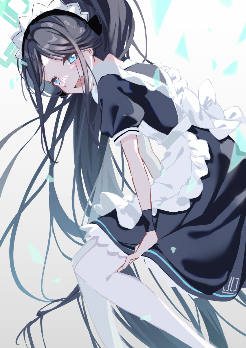 1girl absurdres apron aris_(blue_archive) aris_(maid)_(blue_archive) black_dress black_hair black_wristband blue_archive blue_eyes commentary_request dress feet_out_of_frame frilled_dress frills green_halo halo highres invisible_chair long_hair looking_at_viewer looking_back maid_headdress nyao_(nnyakome1121) official_alternate_costume open_mouth pantyhose ponytail puffy_short_sleeves puffy_sleeves short_sleeves sitting smile solo very_long_hair white_apron white_pantyhose