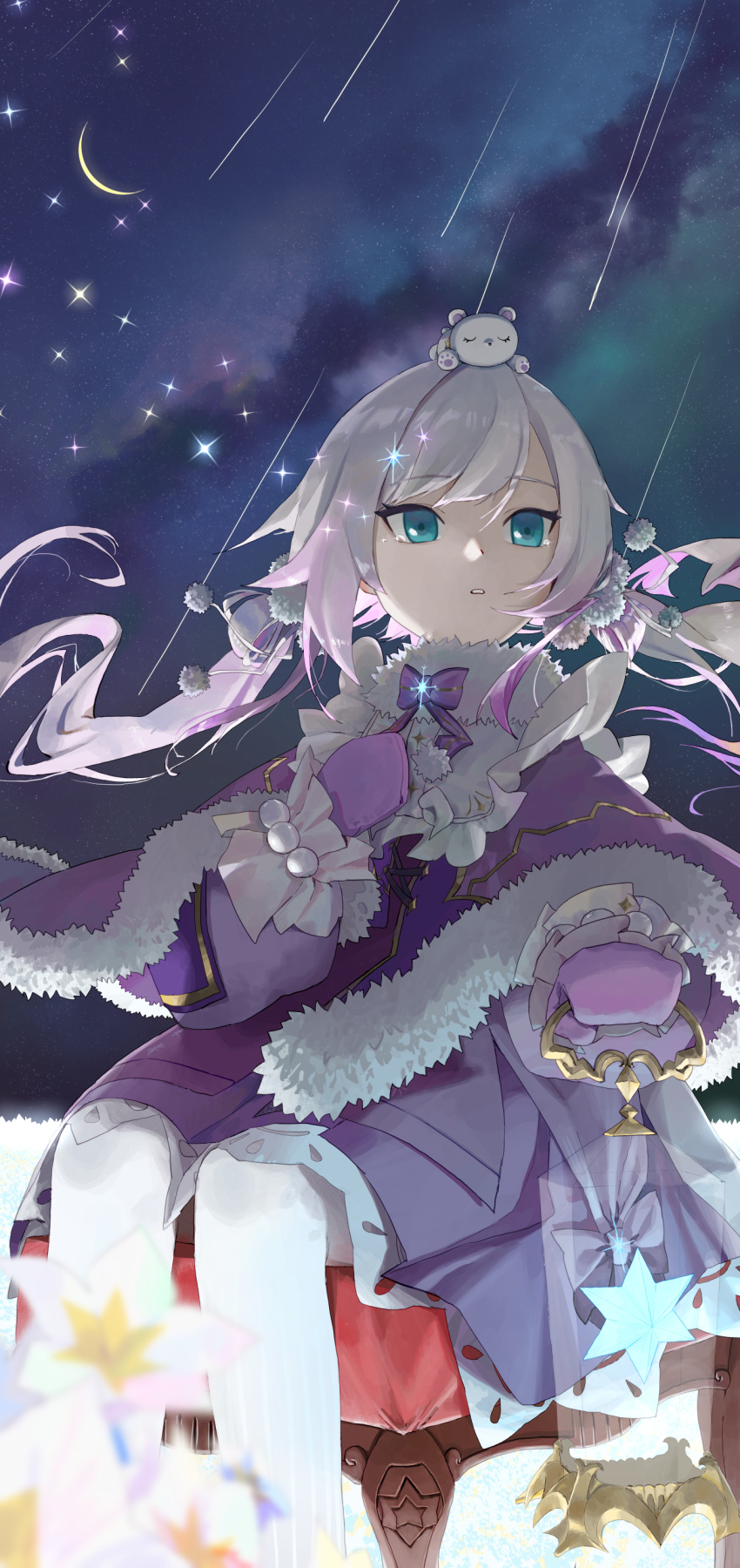 1girl 2525_lynn absurdres ars_almal blue_eyes bow bowtie capelet coat commentary_request crescent_moon expressionless floating_hair flower fur-trimmed_capelet fur_trim grey_hair hair_ornament highres holding holding_lantern lantern long_hair looking_afar milky_way mittens moon night nijisanji pantyhose parted_lips pom_pom_(clothes) pom_pom_hair_ornament purple_capelet purple_coat sitting sky solo star_(sky) starry_sky twintails virtual_youtuber white_flower white_pantyhose
