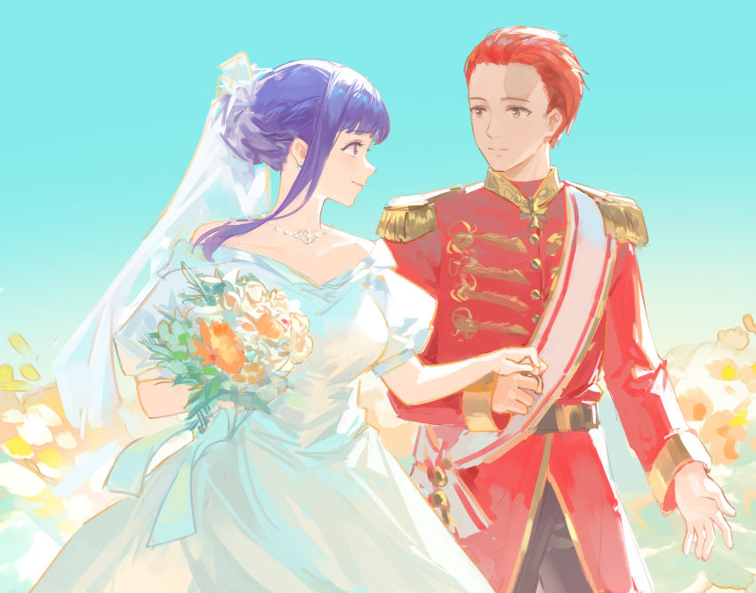 1boy 1girl absurdres black_pants bouquet closed_mouth day dress epaulettes fern_(sousou_no_frieren) forehead hetero highres holding holding_bouquet long_hair long_sleeves looking_at_another meinoss outdoors pants purple_hair red_shirt redhead scar scar_on_face scar_on_forehead shirt short_hair smile sousou_no_frieren stark_(sousou_no_frieren) violet_eyes walking wedding white_dress yellow_eyes