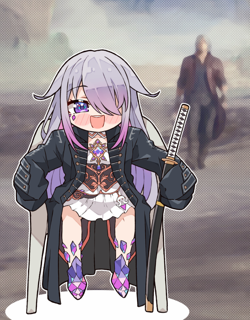 1girl blush chest_jewel chibi colored_inner_hair commentary cosplay dante_(devil_may_cry) detached_collar devil_may_cry_(series) dress english_commentary grey_hair hair_flip hair_over_one_eye highres hololive hololive_english jewel_under_eye koseki_bijou koseki_bijou_(1st_costume) kukie-nyan long_hair meme multicolored_hair open_mouth purple_hair smile vergil's_chair_(meme) vergil_(devil_may_cry) vergil_(devil_may_cry)_(cosplay) violet_eyes virtual_youtuber white_dress yamato_(sword)