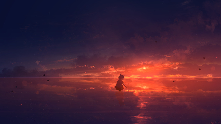 1girl animal_ears cat_ears cat_girl clouds gradient_sky highres horizon night night_sky orange_sky original outdoors partially_submerged reflection reflective_water rune_xiao scenery short_hair silhouette skirt sky solo sun sunset water