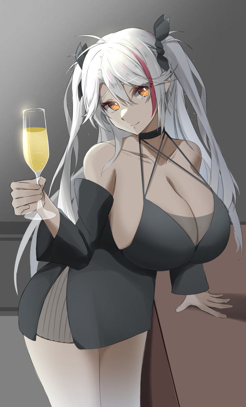 1girl absurdres alcohol alternate_costume azur_lane bare_shoulders breasts champagne champagne_flute cup drinking_glass hair_between_eyes hair_ornament highres j_yak47 large_breasts long_hair looking_at_viewer multicolored_hair orange_eyes prinz_eugen_(azur_lane) redhead smile solo streaked_hair white_hair