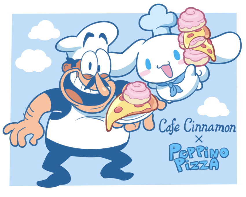 1boy 1other aqua_necktie black_eyes black_hair blue_eyes blue_sky blush_stickers bulging_eyes chef_hat cinnamon_roll cinnamoroll clouds creature facial_hair folded_twintails food hat highres holding holding_food long_mustache loveycloud mustache necktie open_mouth pepperoni peppino_spaghetti pizza pizza_tower presenting sanrio simple_background sky tied_ears