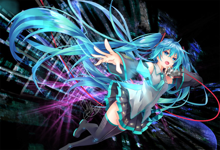 1girl absurdly_long_hair black_footwear black_skirt black_sleeves blue_eyes blue_hair blue_nails blue_necktie blue_trim boots collared_shirt detached_sleeves dress_shirt floating_hair grey_shirt hair_between_eyes hair_ornament hatsune_miku holding holding_microphone long_hair long_sleeves microphone miniskirt music nail_polish necktie open_mouth outstretched_arm pleated_skirt shirt signature singing skirt sleeveless sleeveless_shirt solo thigh_boots twintails tyouya very_long_hair vocaloid wing_collar zettai_ryouiki