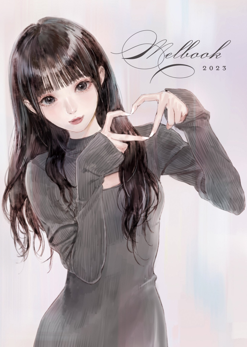 1girl 2023 black_eyes black_hair comiket_103 commentary_request cover cover_page doujin_cover dress grey_sweater heart heart_hands highres kishida_mel light_smile long_hair looking_at_viewer original sleeves_past_wrists solo sweater sweater_dress upper_body white_nails