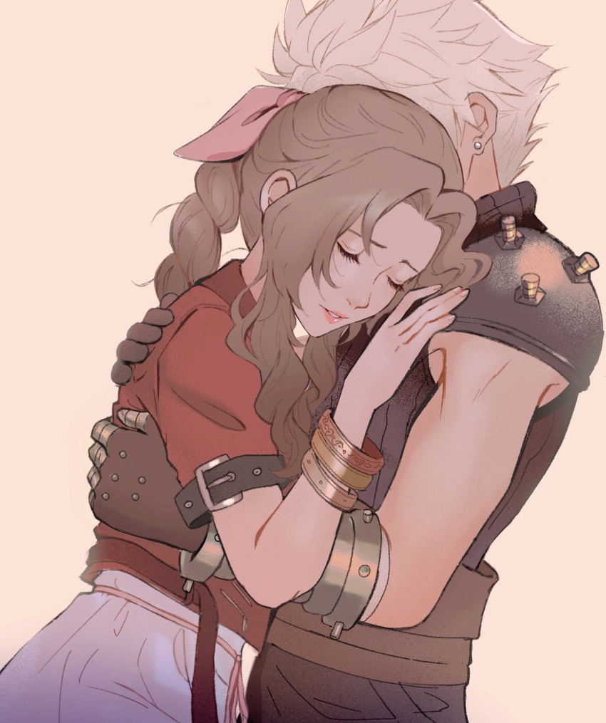 1boy 1girl aerith_gainsborough armor bandaged_arm bandages bangle belt blonde_hair bracelet braid braided_ponytail brown_belt brown_gloves brown_hair closed_eyes cloud_strife couple cropped_jacket dress earrings final_fantasy final_fantasy_vii final_fantasy_vii_rebirth gloves hair_ribbon hand_on_another's_back hand_on_another's_chest hetero highres hug jacket jewelry long_hair multiple_belts parted_bangs parted_lips pink_dress pink_lips pink_ribbon red_jacket ribbon short_sleeves shoulder_armor sidelocks single_braid single_earring softp3ach spiky_hair toned toned_male upper_body wavy_hair