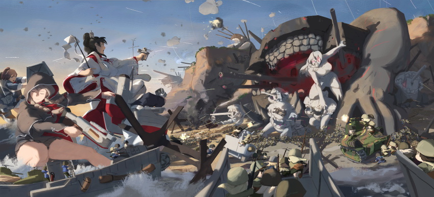 4girls absurdres abyssal_ship aircraft angry barrage_balloons battle beach black_dress black_hair braid brown_hair capelet cliff closed_eyes daihatsu_(landing_craft) dress explosive fairy_(kancolle) fighting_stance flak goliath_tracked_mine hakama highres holding holding_weapon hood hooded_capelet horns japanese_clothes kantai_collection landing_craft long_hair m4_sherman machinery miko military_uniform military_vehicle mine_(weapon) motor_vehicle multiple_girls nisshin_(kancolle) ocean open_mouth panzer_iii pillbox_fortress_princess ponytail projectile_trail screaming sheffield_(kancolle) shinshuu_maru_(kancolle) shore single_horn sky sleeves_rolled_up tank turret twilight twin_braids uniform weapon ye_fan