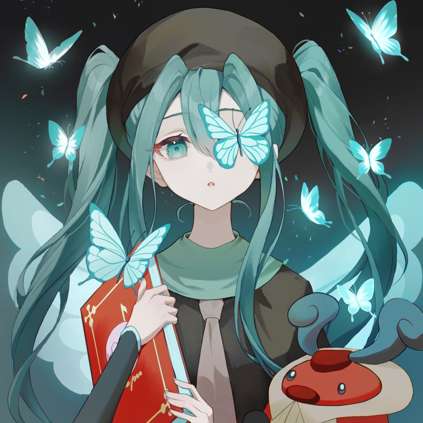 1girl aqua_eyes aqua_hair black_background black_shirt blue_butterfly book brown_necktie bug bug_miku_(project_voltage) butterfly butterfly_over_eye gradient_background green_background green_wings hatsune_miku highres holding holding_book kricketot looking_at_viewer necktie official_alternate_costume open_mouth osage_(8545675) pokemon pokemon_(creature) portrait project_voltage shirt twintails vocaloid wings