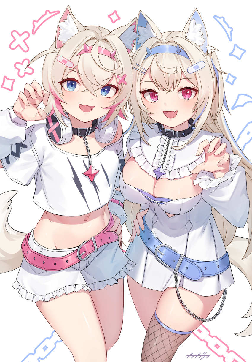 2girls absurdres animal_ear_fluff animal_ears arpeggio_kaga bandaid bandaid_hair_ornament belt belt_collar black_collar blonde_hair blue_belt blue_hair breasts cleavage cleavage_cutout collar cropped_shirt dog_ears dog_girl dog_tail dress fang fishnet_thighhighs fishnets frilled_shorts frills fuwawa_abyssgard fuwawa_abyssgard_(1st_costume) hair_ornament hairpin headphones headphones_around_neck highres hololive hololive_english large_breasts long_hair looking_at_viewer medium_hair mococo_abyssgard mococo_abyssgard_(1st_costume) multicolored_hair multiple_girls navel open_mouth pink_belt pink_hair shirt short_dress short_shorts shorts siblings sidelocks single_thighhigh sisters skin_fang small_breasts smile spiked_collar spikes streaked_hair tail thigh-highs twins two_side_up virtual_youtuber white_background white_dress white_shirt white_shorts x_hair_ornament