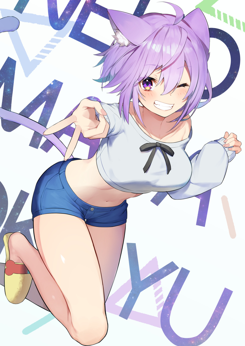1girl absurdres ahoge akuto_(akuto_desu) animal_ear_fluff animal_ears bare_legs blue_shorts breasts cat_ears cat_girl cat_tail collarbone crop_top grin hair_between_eyes highres hololive long_sleeves looking_at_viewer medium_breasts medium_hair midriff navel nekomata_okayu one_eye_closed purple_hair short_shorts shorts sleeves_past_wrists slippers smile solo stomach tail thigh_gap violet_eyes virtual_youtuber white_background