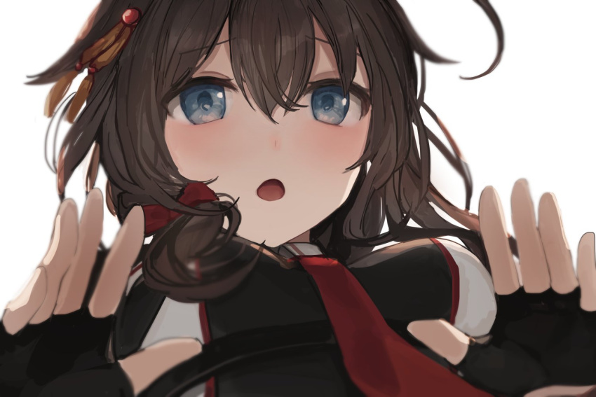1girl black_gloves black_jacket blue_eyes breasts brown_hair fingerless_gloves from_below furrowed_brow gloves hair_between_eyes hair_flaps jacket kantai_collection long_hair looking_at_viewer medium_breasts necktie open_mouth red_necktie sha_(isago) shigure_(kancolle) shigure_kai_san_(kancolle) solo upper_body white_background