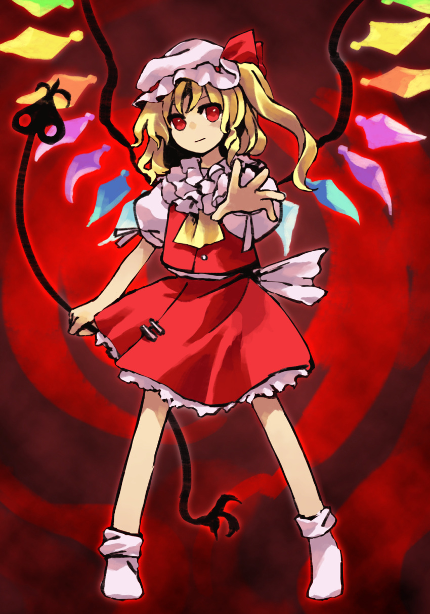 1girl ascot blonde_hair closed_mouth collared_shirt commentary_request embodiment_of_scarlet_devil flandre_scarlet frilled_shirt_collar frilled_sleeves frills full_body hat hat_ribbon highres kaigen_1025 laevatein_(touhou) looking_at_viewer medium_hair mob_cap no_shoes one_side_up petticoat puffy_short_sleeves puffy_sleeves red_background red_eyes red_ribbon red_vest ribbon shirt short_sleeves smile socks solo touhou vest white_headwear white_shirt white_socks wings yellow_ascot