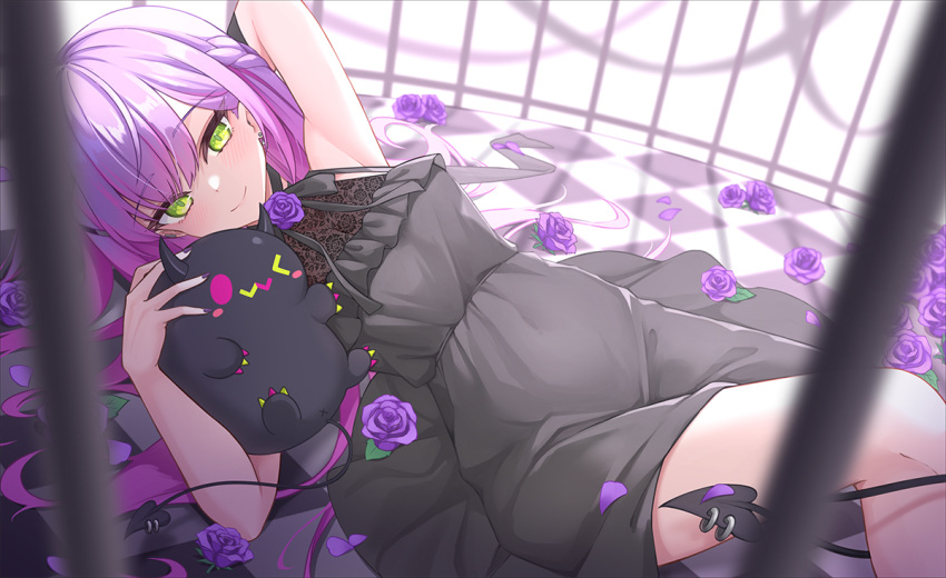 1girl alternate_hairstyle black_dress blush checkered_floor closed_mouth demon_tail dress flower green_eyes hololive long_hair looking_at_viewer lying on_back petals purple_flower purple_hair purple_rose rose sleeveless sleeveless_dress smile tail thighs tokoyami_towa virtual_youtuber z.m._(zimin)