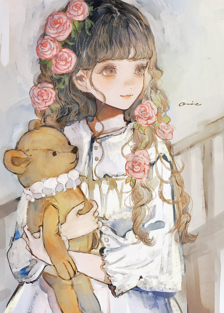 1girl blush brown_eyes brown_hair commentary_request dress flower hair_flower hair_ornament highres holding holding_stuffed_toy looking_to_the_side orie_h original pink_flower pink_rose rose smile solo stuffed_animal stuffed_toy teddy_bear upper_body white_dress