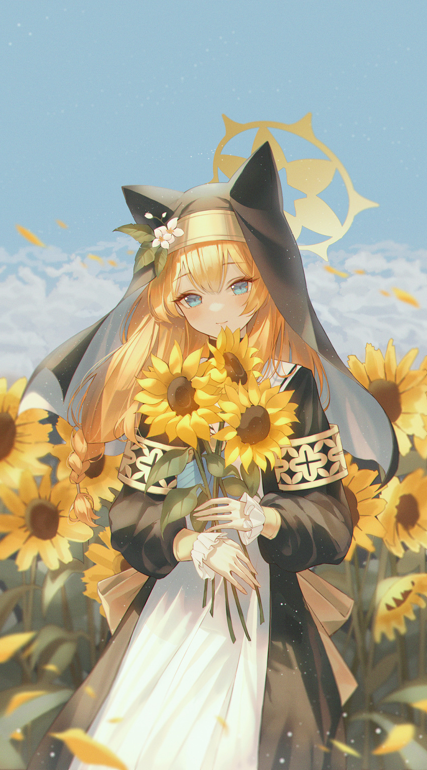1girl animal_ear_headwear armlet black_coat black_headwear blue_archive blue_eyes blue_sky braid closed_mouth clouds cloudy_sky coat commentary dress english_commentary field flower flower_field gold_trim hair_flower hair_ornament halo highres holding holding_flower long_sleeves looking_at_viewer mari_(blue_archive) mixed-language_commentary nun orange_hair outdoors puffy_long_sleeves puffy_sleeves sailor_collar single_braid sky smile solo sunflower sunflower_field veil vennie white_dress white_flower white_sailor_collar yellow_halo