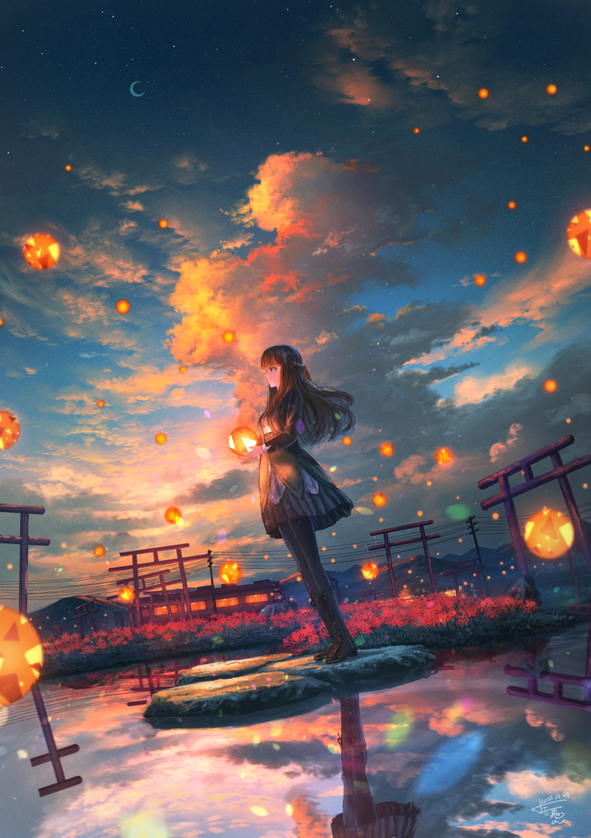 1girl black_dress black_footwear black_hair black_pantyhose boots brown_eyes closed_mouth clouds commentary_request crescent_moon dress evening flower gem highres holding holding_gem long_hair moon mountainous_horizon original outdoors pantyhose power_lines red_flower reflection scenery shuu_illust signature sky solo spider_lily star_(sky) sunset torii
