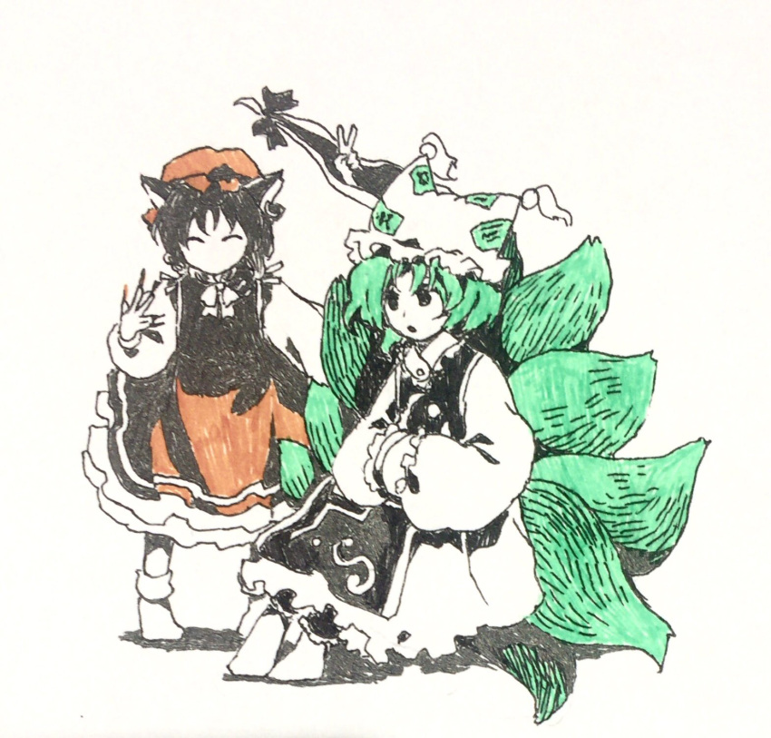 3girls animal_ears cat cat_ears cat_girl chen closed_eyes commentary_request dress flat_chest fox_girl fox_tail frilled_hat frills gap_(touhou) hand_up hat highres kaigen_1025 kitsune limited_palette long_sleeves mob_cap multiple_girls multiple_tails neck_ribbon no_mouth no_nose no_shoes open_mouth out_of_frame ribbon short_hair simple_background sitting socks standing tabard tail touhou v white_background yakumo_ran yakumo_yukari