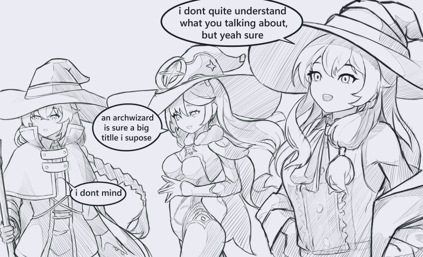 3girls :d absurdres braid capelet commentary crossover egalo elaina_(majo_no_tabitabi) english_commentary english_text genshin_impact greyscale hand_on_own_hip hat highres holding holding_staff long_hair looking_to_the_side mage_staff majo_no_tabitabi mona_(genshin_impact) monochrome multiple_girls mushoku_tensei own_hands_together roxy_migurdia simple_background smile speech_bubble staff upper_body white_background witch_hat