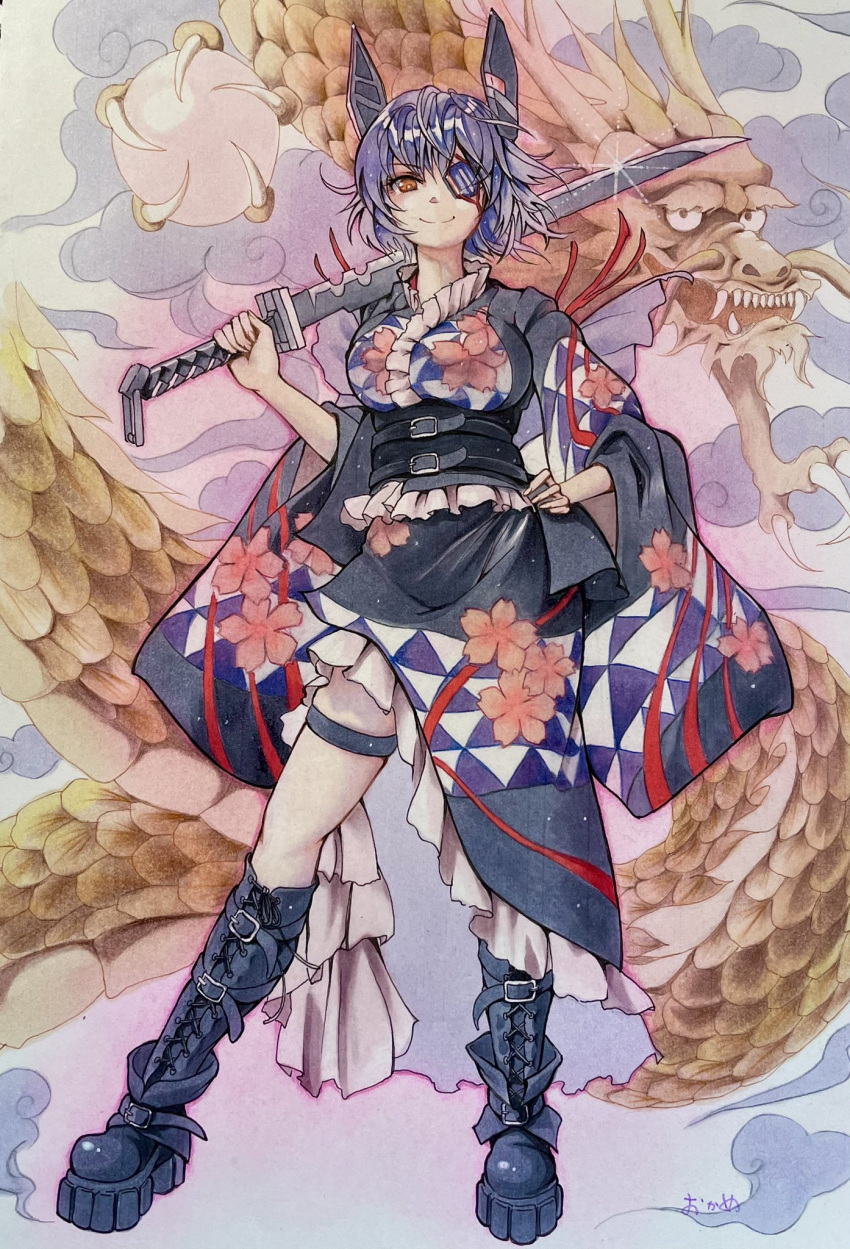 1girl agano_class_no3 belt black_belt black_footwear black_kimono boots breasts commentary_request cross-laced_footwear dragon eyepatch frilled_kimono frills full_body headgear highres japanese_clothes kantai_collection kimono lace-up_boots large_breasts purple_hair short_hair solo sword tenryuu_(kancolle) weapon yellow_eyes