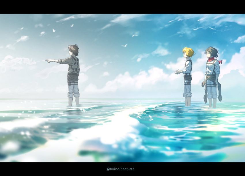 1girl 2boys armin_arlert black_hair blonde_hair brown_hair clouds cloudy_sky eren_yeager facing_to_the_side harness highres letterboxed looking_at_another medium_hair mikasa_ackerman multiple_boys noinoichebura ocean outdoors pants pants_rolled_up pointing red_scarf scarf shingeki_no_kyojin shirt short_hair sky sleeves_rolled_up soaking_feet three-dimensional_maneuver_gear white_pants white_shirt