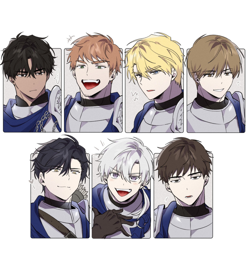 6+boys armor black_gloves black_hair blonde_hair blue_eyes brown_eyes brown_hair character_request closed_mouth commentary_request gkswna33 gloves green_eyes grey_hair highres korean_commentary looking_at_viewer male_focus multiple_boys open_mouth short_hair simple_background smile under_the_oak_tree violet_eyes white_background