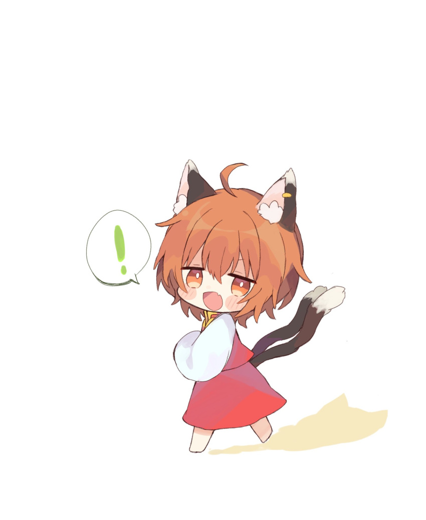 ! 1girl ahoge animal_ear_fluff animal_ear_piercing animal_ears bright_pupils brown_eyes brown_hair cat_ears cat_tail chaki_(kinaneko2149) chen chibi commentary_request earrings fang from_side full_body gold_trim highres jewelry long_sleeves looking_at_viewer looking_to_the_side multiple_tails nekomata no_headwear open_mouth puffy_long_sleeves puffy_sleeves red_skirt red_vest shadow short_hair simple_background single_earring skin_fang skirt skirt_set solo spoken_exclamation_mark tail touhou two_tails vest white_background white_pupils